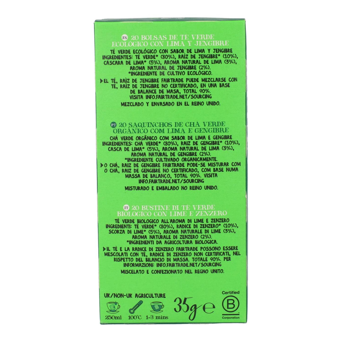 Chá verde biológico de limão e gengibre Cupper 20 saquetas