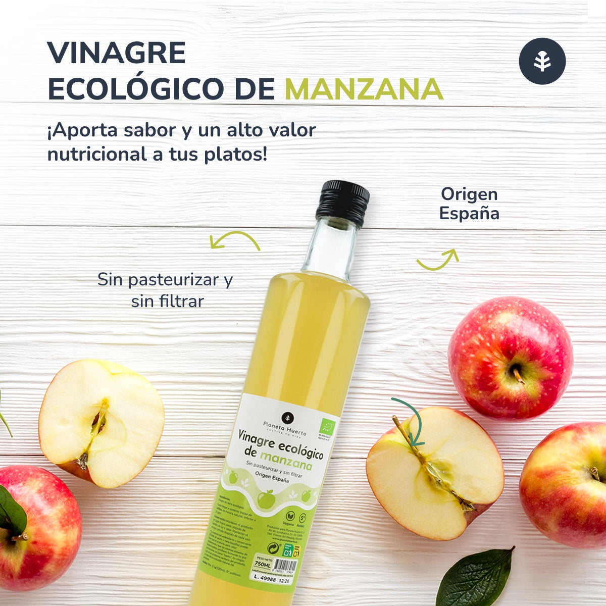 Embalagem de 3 vinagres de maçã biológicos não filtrados da Planeta Huerto, 750 ml.