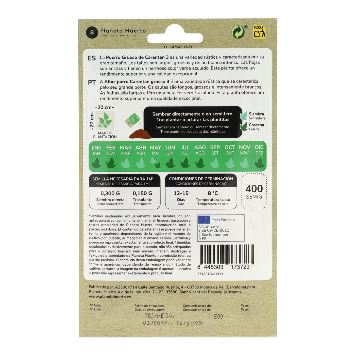 Sementes de alho-francês grossas biológicas Carentan da Planeta Huerto