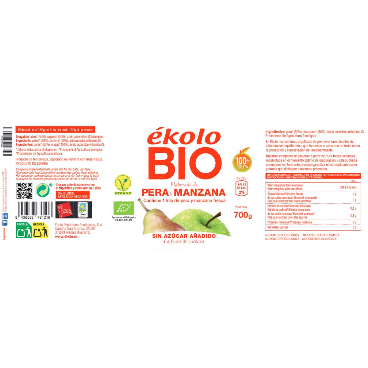 Elaborado com Pêra e Maçã Biológicas sem adição de açúcar Ékolo 700 g