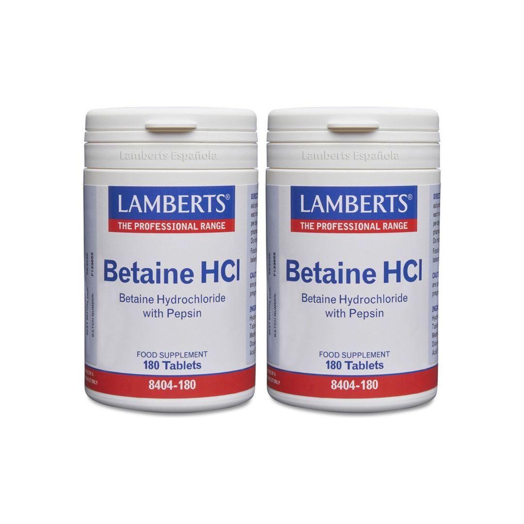 Embalagem de 2 x Betaína HCl 324mg/Pepsina 5mg Lamberts, 180 comprimidos