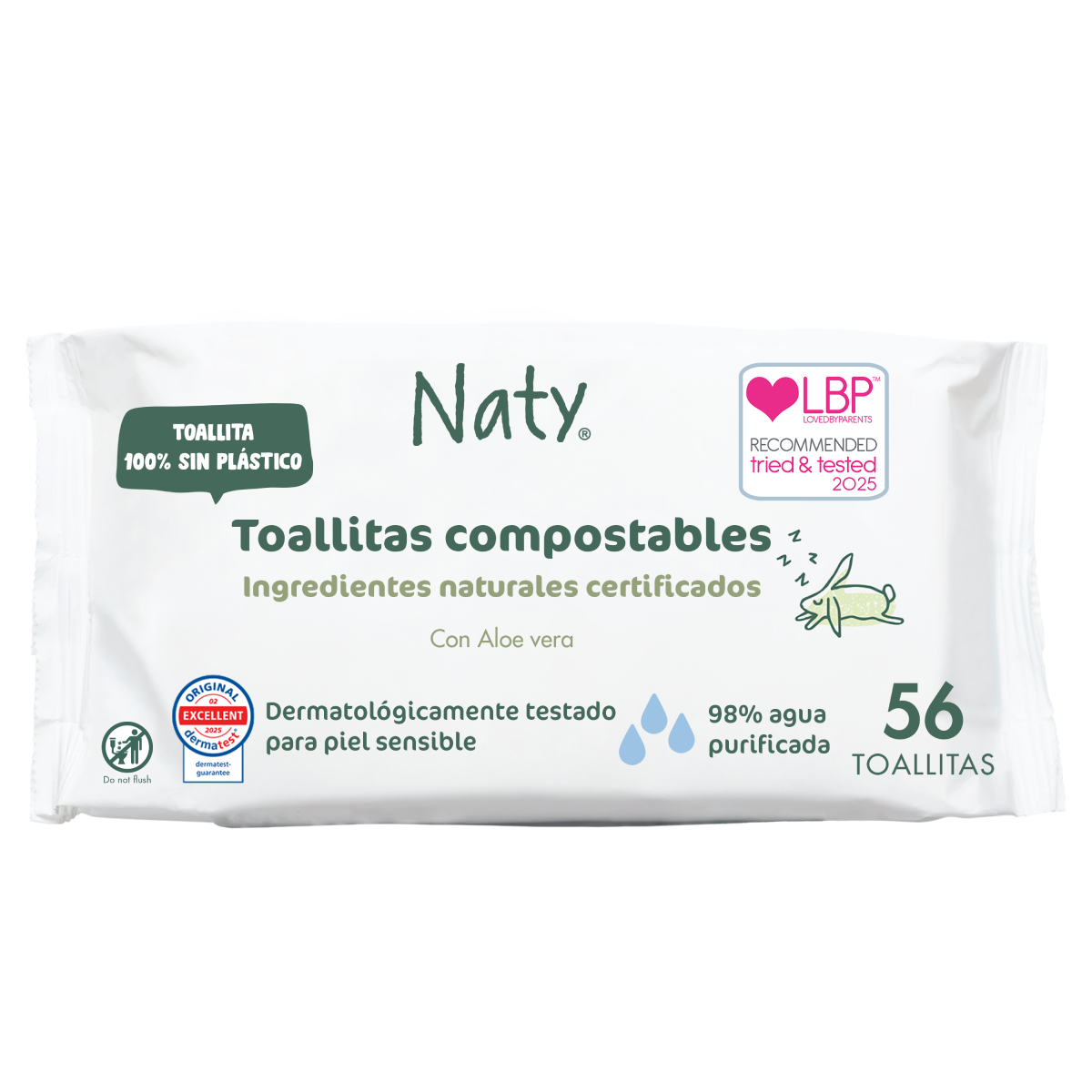Toalhitas Húmidas com Aloe Vera Naty 56 unidades