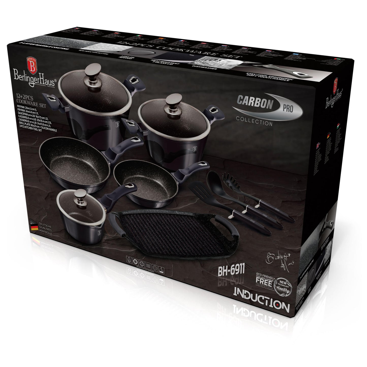 Batería Cocina Inducción 12 Piezas, Antiadherente Sin Pfoa, Aluminio, Cazuelas Sartenes Plancha Berlinger Haus Carbon Pro Gris_2