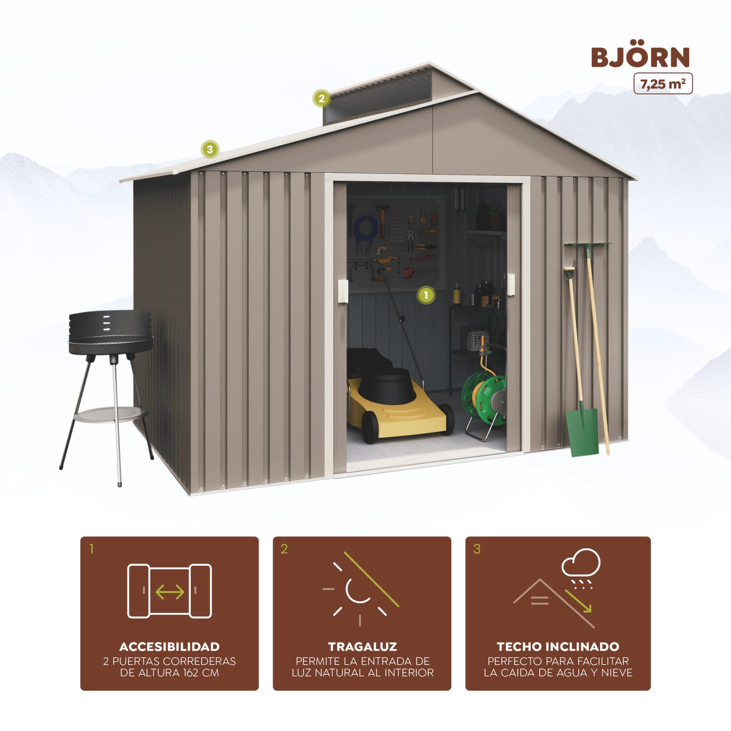 Caseta Metal Bjorn 7.25m2 - 10 Años De Garantía - 282x257x222cm. Cobertizo Jardin_2