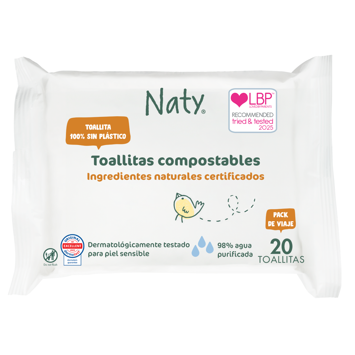 Toalhetes humedecidos tamanho viagem Naty 20 unidades