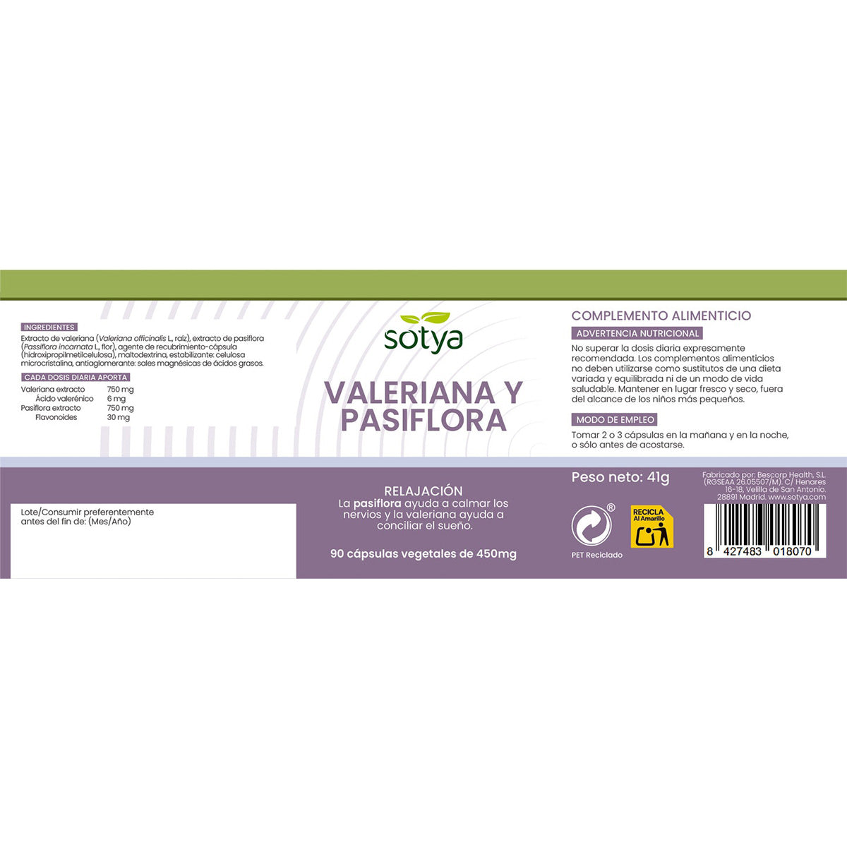 Pasiflora y Valeriana Sotya, 90 cápsulas 450 mg