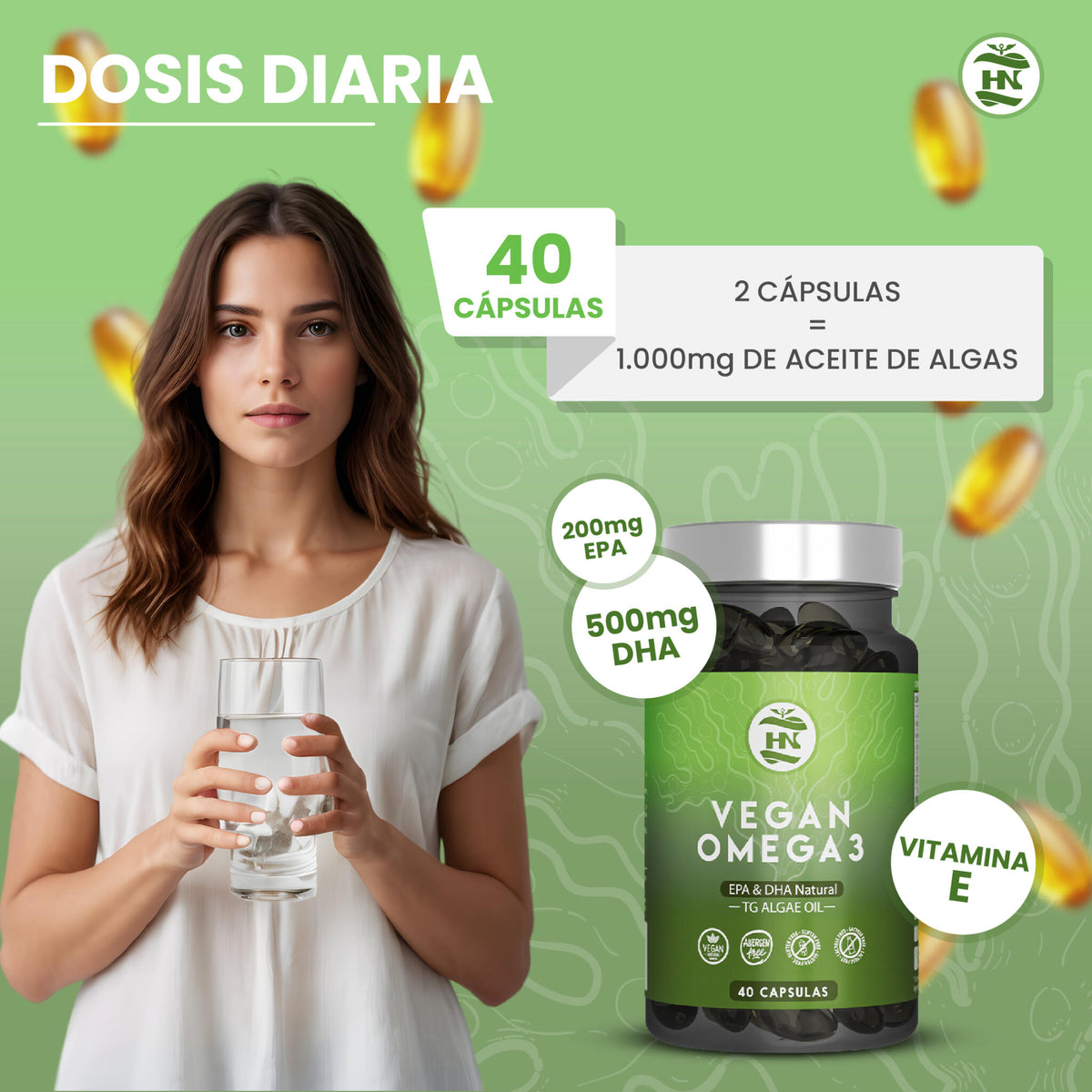 Omega 3 Vegano De Algas, 40 Caps Con Vitamina E, Ideal Para Cerebro Y Corazón, Seplemento Para Veganos-vegetarianos_5
