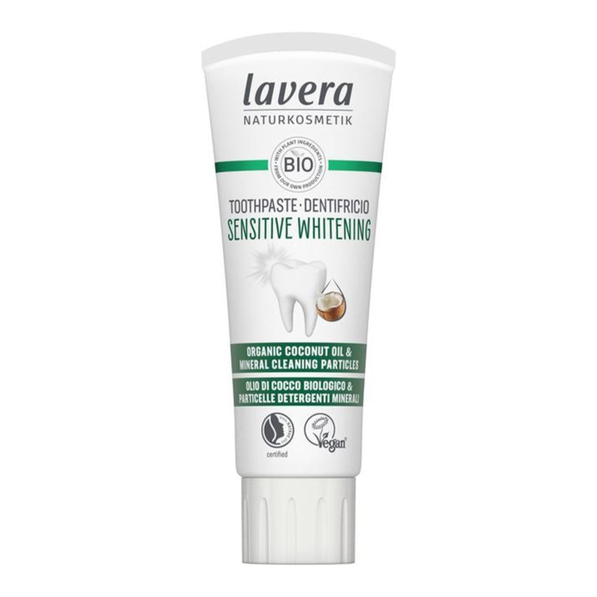 Pasta de dentes branqueadora com coco e flúor para dentes sensíveis, Lavera 75 ml