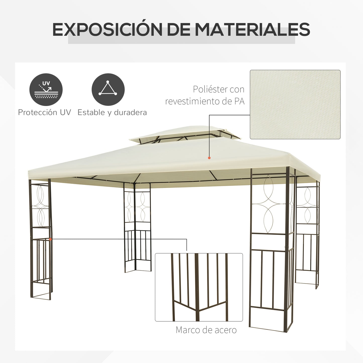 Outsunny Carpa 3x4m Estructura Metal Gazebo Cenador Mirador 12m2 Color Crema_5