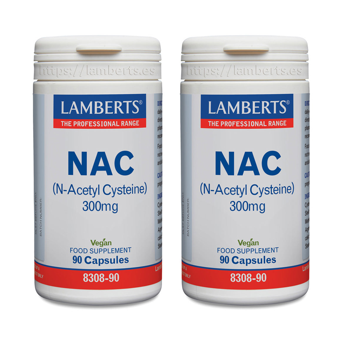 Embalagem 2x NAC (N-Acetil Cisteína) Lamberts 300 mg, 90 cápsulas