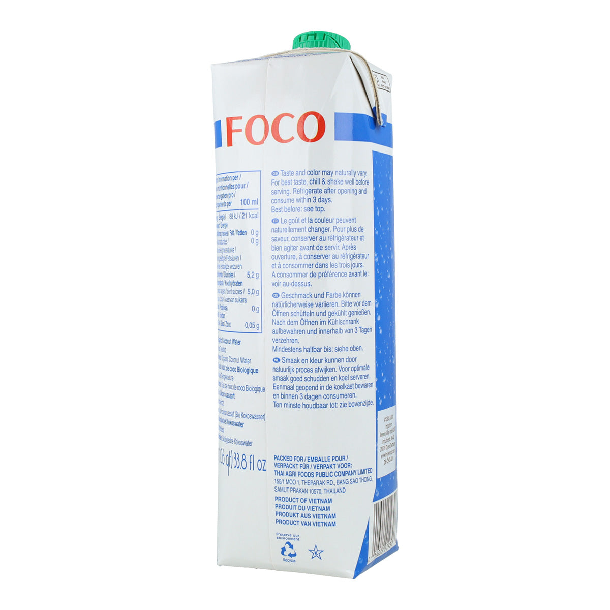 Embalagem de 6x Água de Coco 100% Natural e Pura Focus 1L