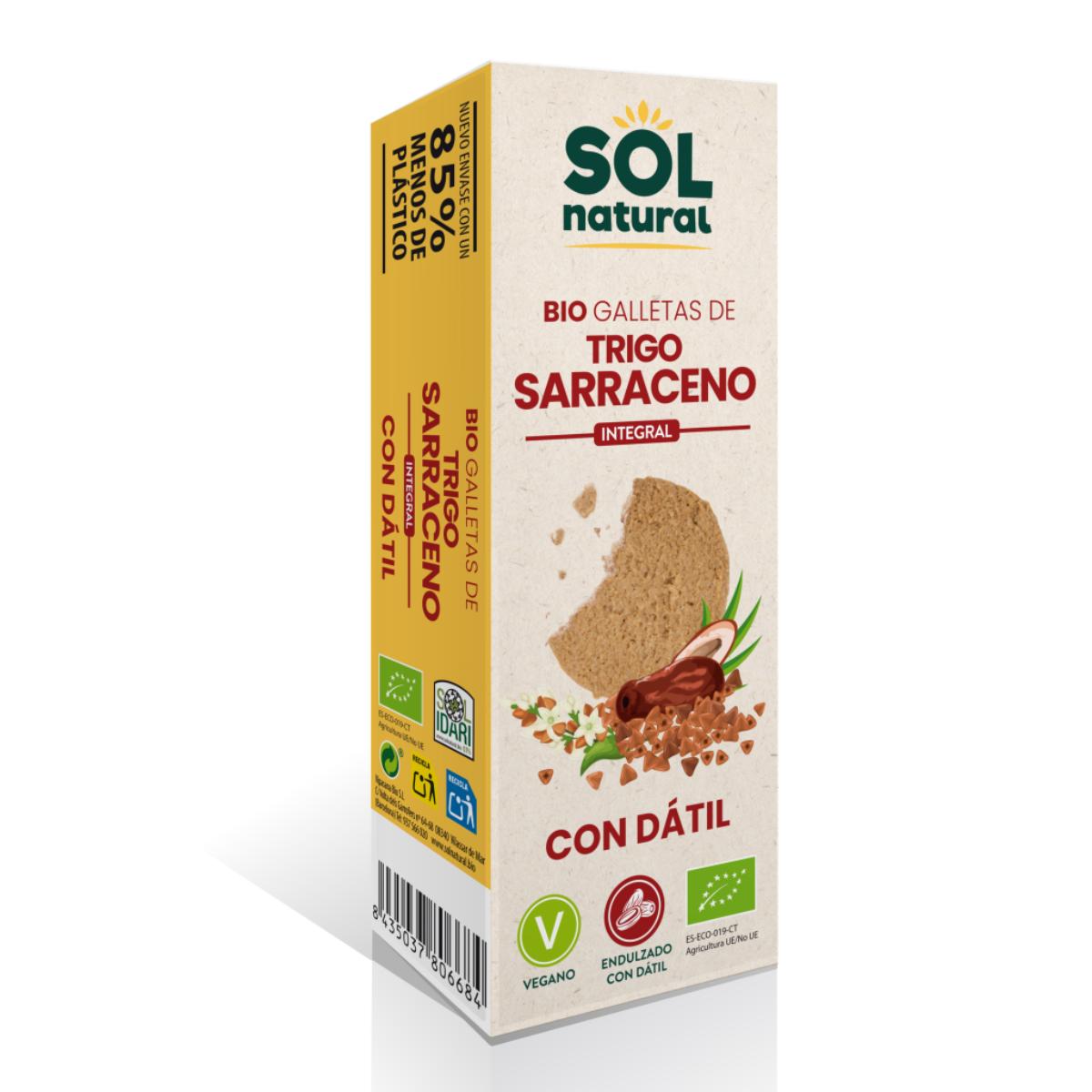 Embalagem de 2 biscoitos de trigo sarraceno integral biológicos Sol Natural adoçados com tâmaras, 170 g