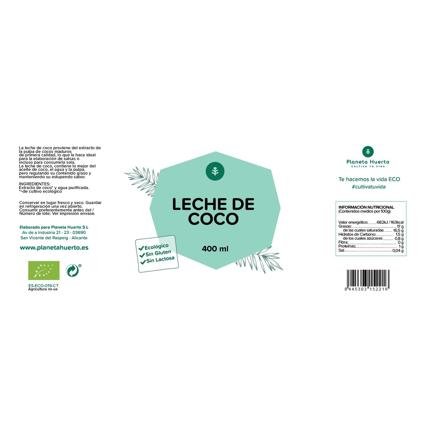 Creme de coco concentrado para cozinhar ECO Planeta Huerto 400 ml