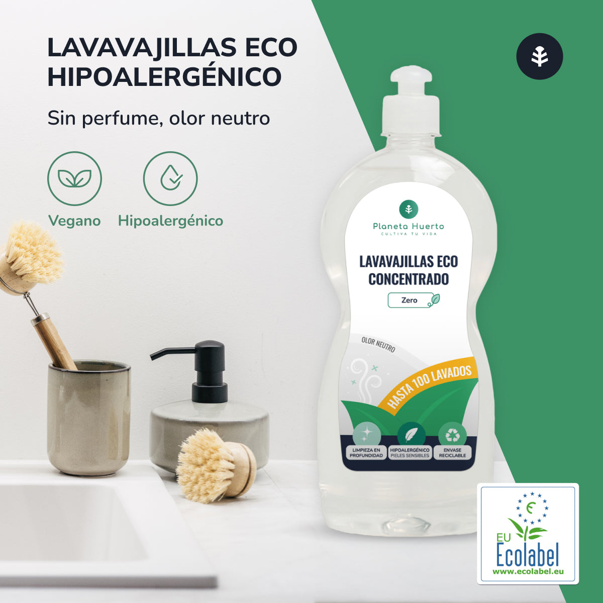 Máquina de lavar loiça manual hipoalergénica e sem fragrância ECO Planeta Huerto 750 ml