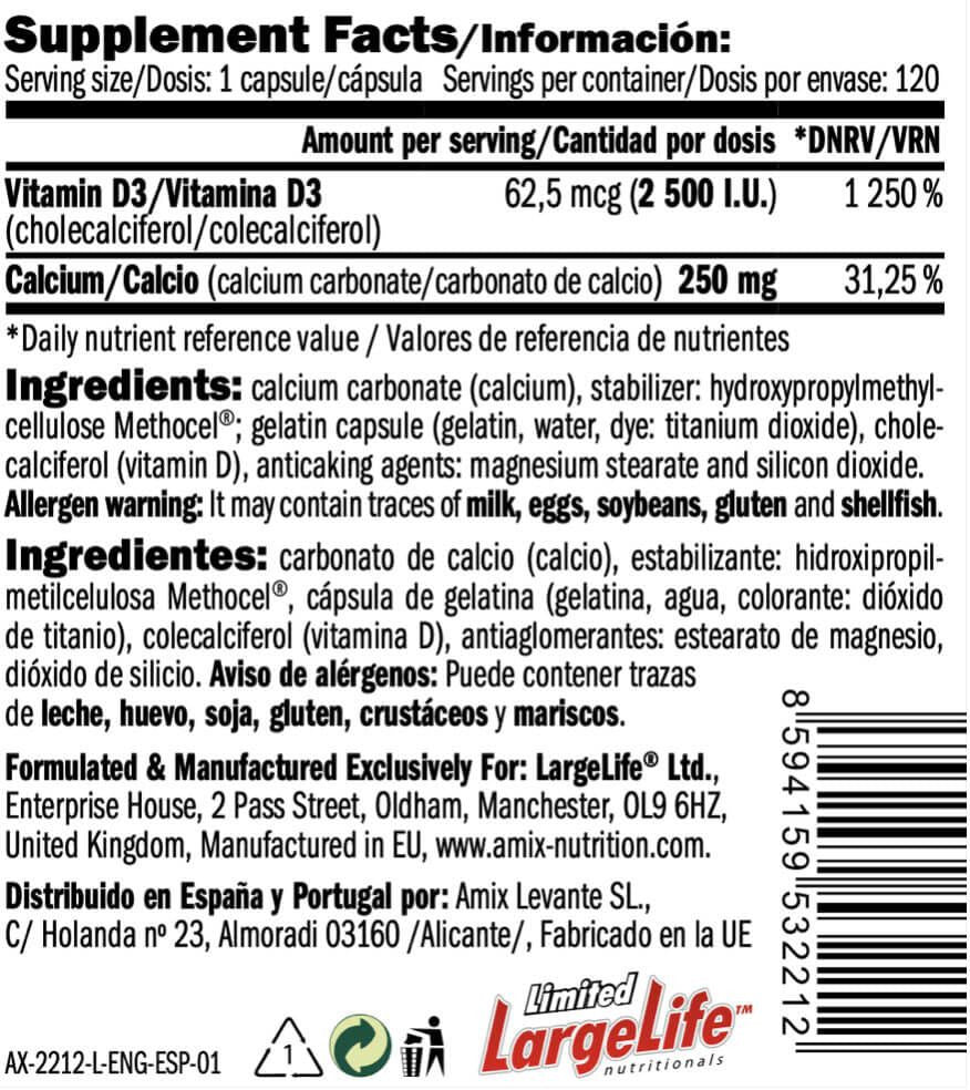 Vitamina D3 2500iu + Calcio - 120 Cápsulas - Vitamina D - Amix Nutrition_5