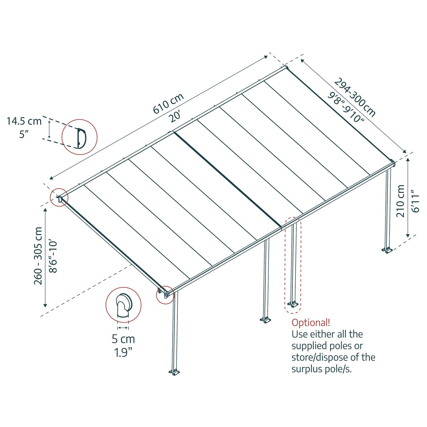 Pérgola anexa Feria 300x61 cm cinzento