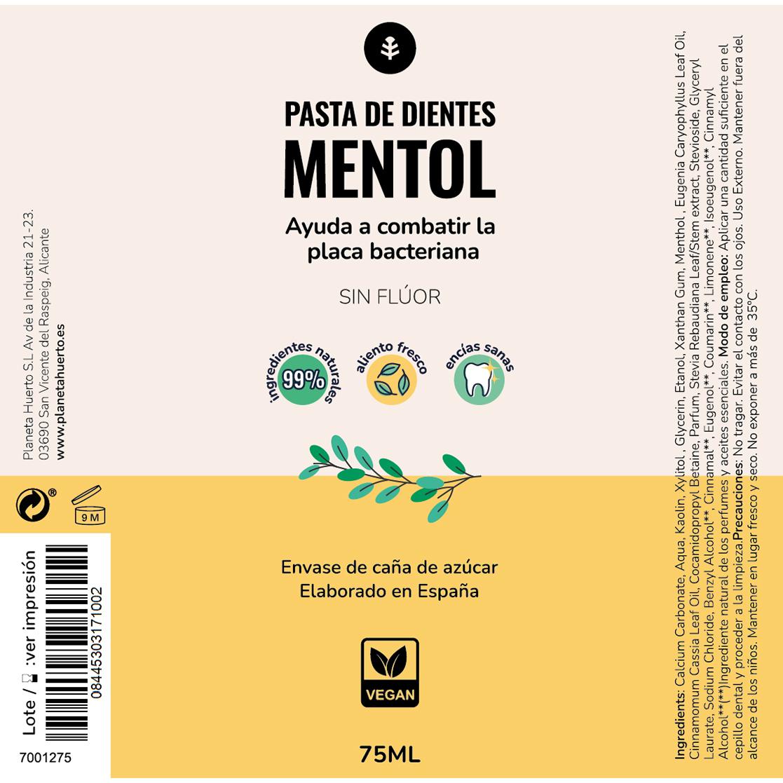 Pasta de dentes sem flúor Mentol Planeta Huerto 75 ml