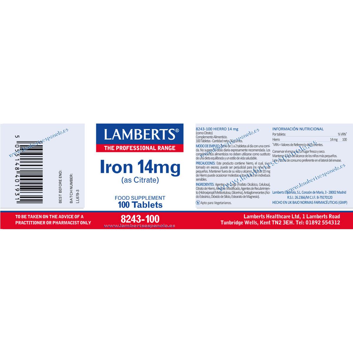 Ferro 14 mg Lambert 100 comprimidos