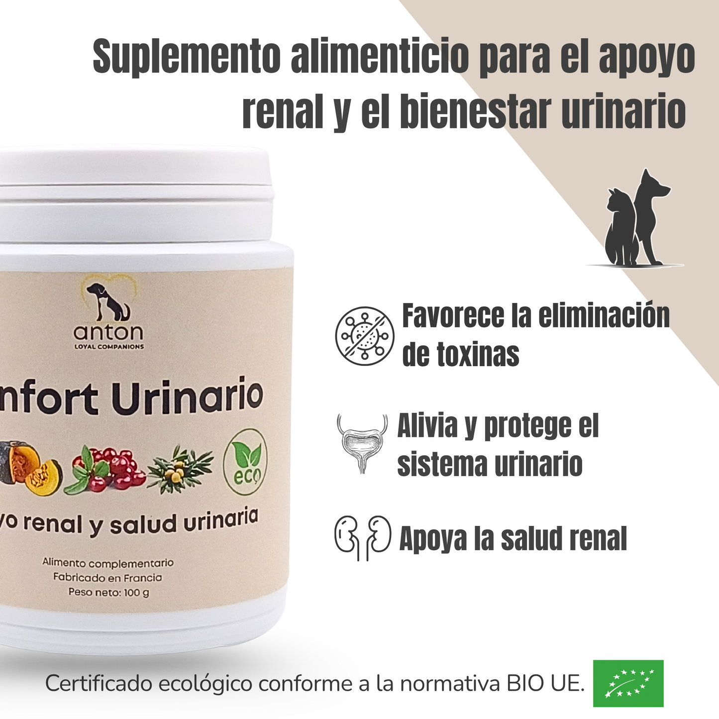 Suplemento natural para perros y gatos – Fórmula Confort Urinario ECO 100 g