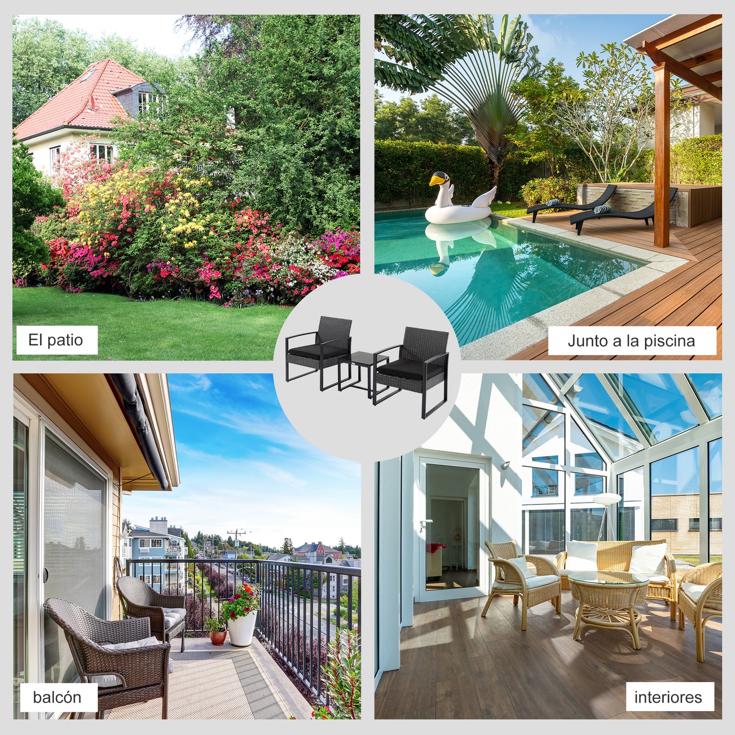 Outsunny Conjunto De Muebles De Ratán 1 Mesa Y 2 Sillas Con Cojines Gris Y Negro_5