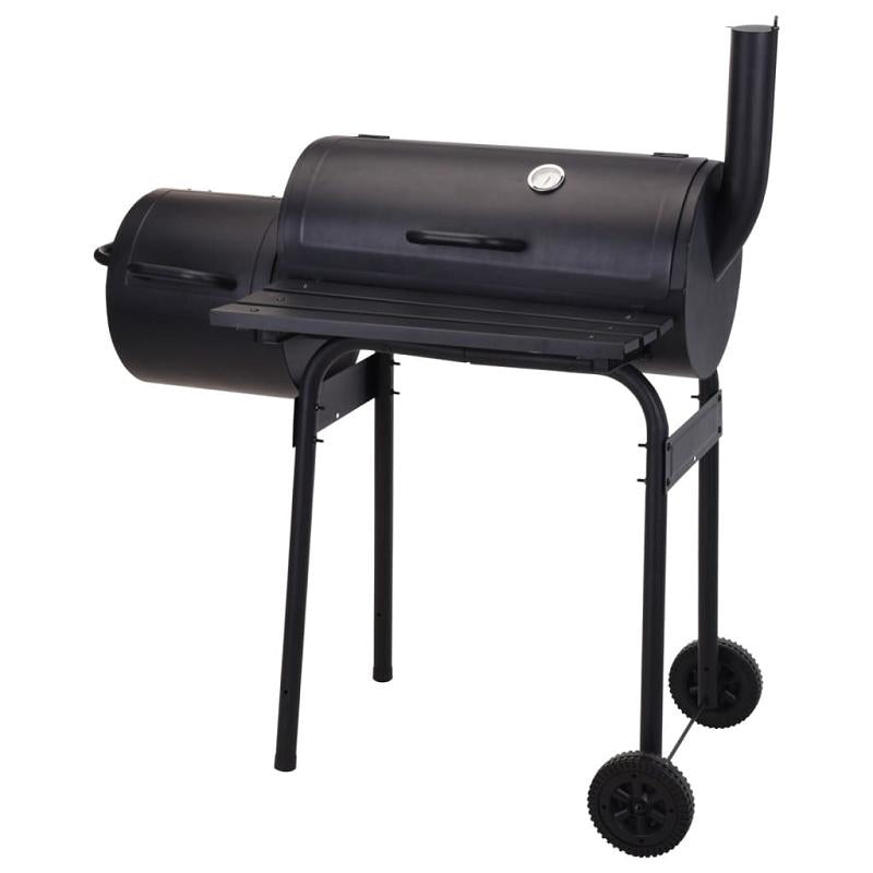 Grelhador a carvão preto + fumador Jamaica para grelhar e fumar com termómetro de aço, grelha dupla, rodas e chaminé integrada