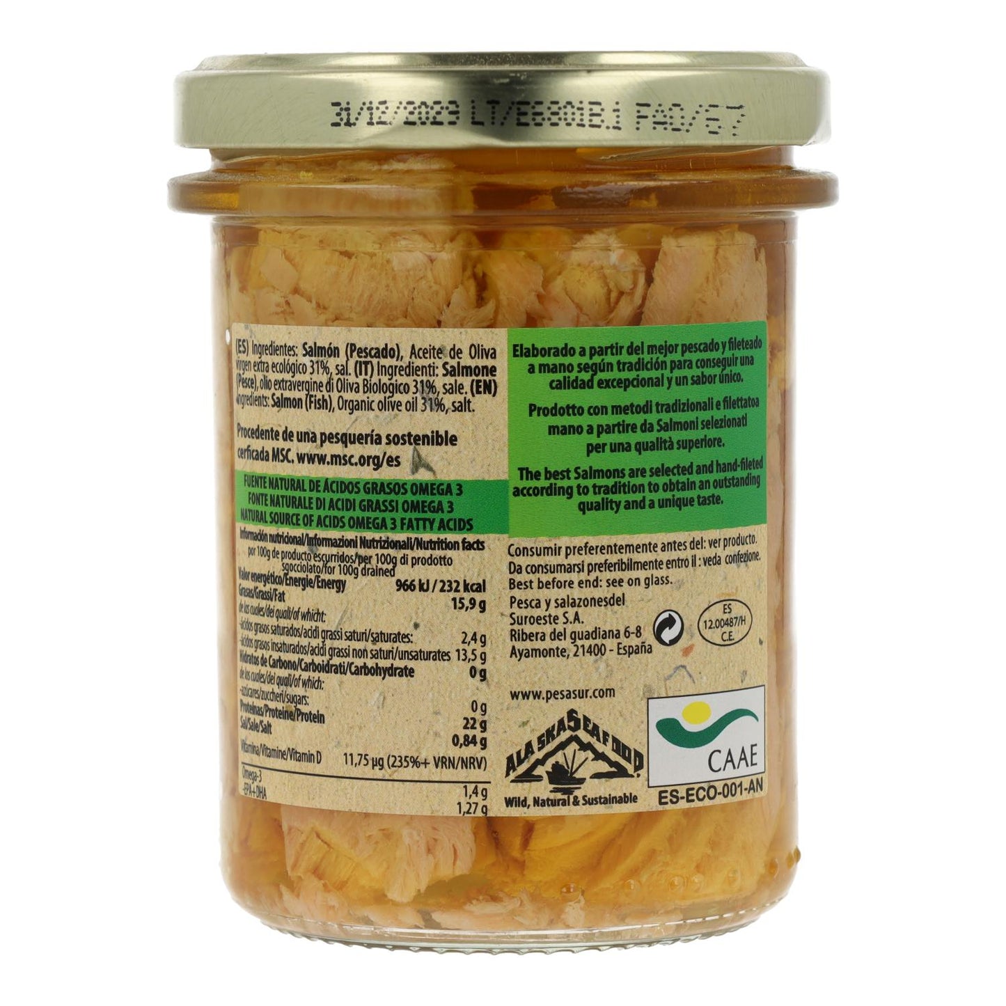 Filetes de salmão em azeite virgem extra biológico Pesasur, 195 g