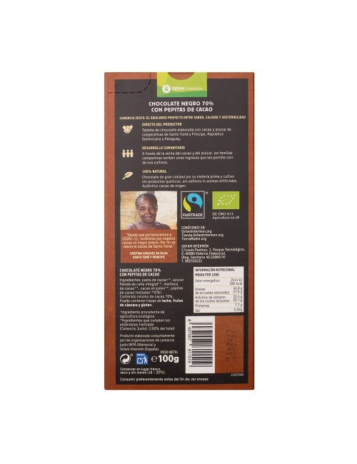 Barra de chocolate negro 70% nibs de cacau Bio Tierra Madre 100g