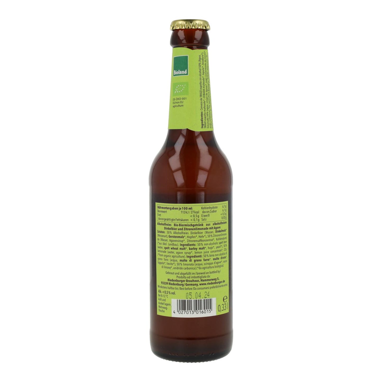 Cerveja de espelta leve sem álcool Riedenburger, 33cl.