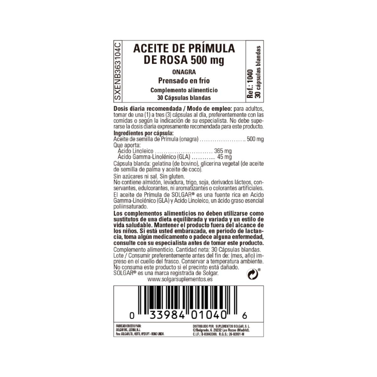Óleo de Onagra Rosa Solgar 30 pérolas 500mg