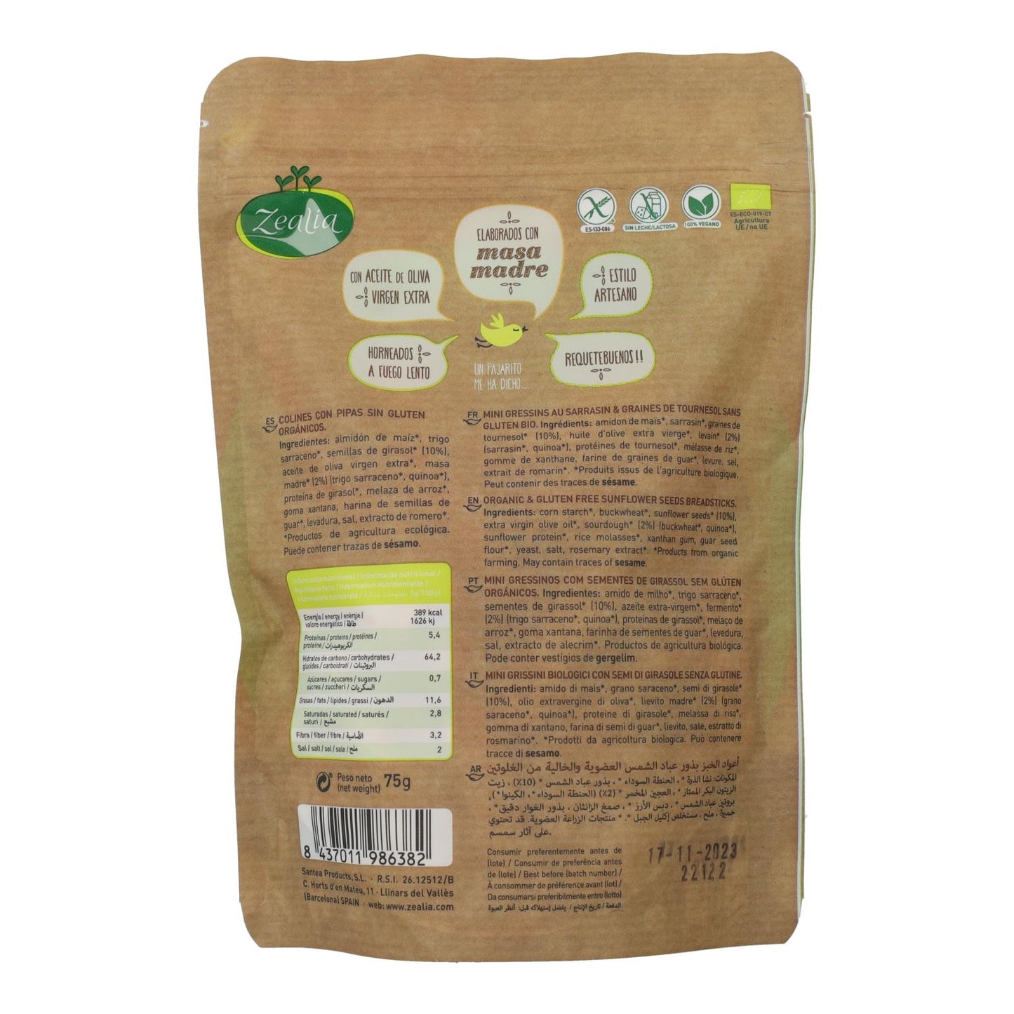 Mini Colines Grissini com Picolés Orgânicos Zealia Sem Glúten 75 gr