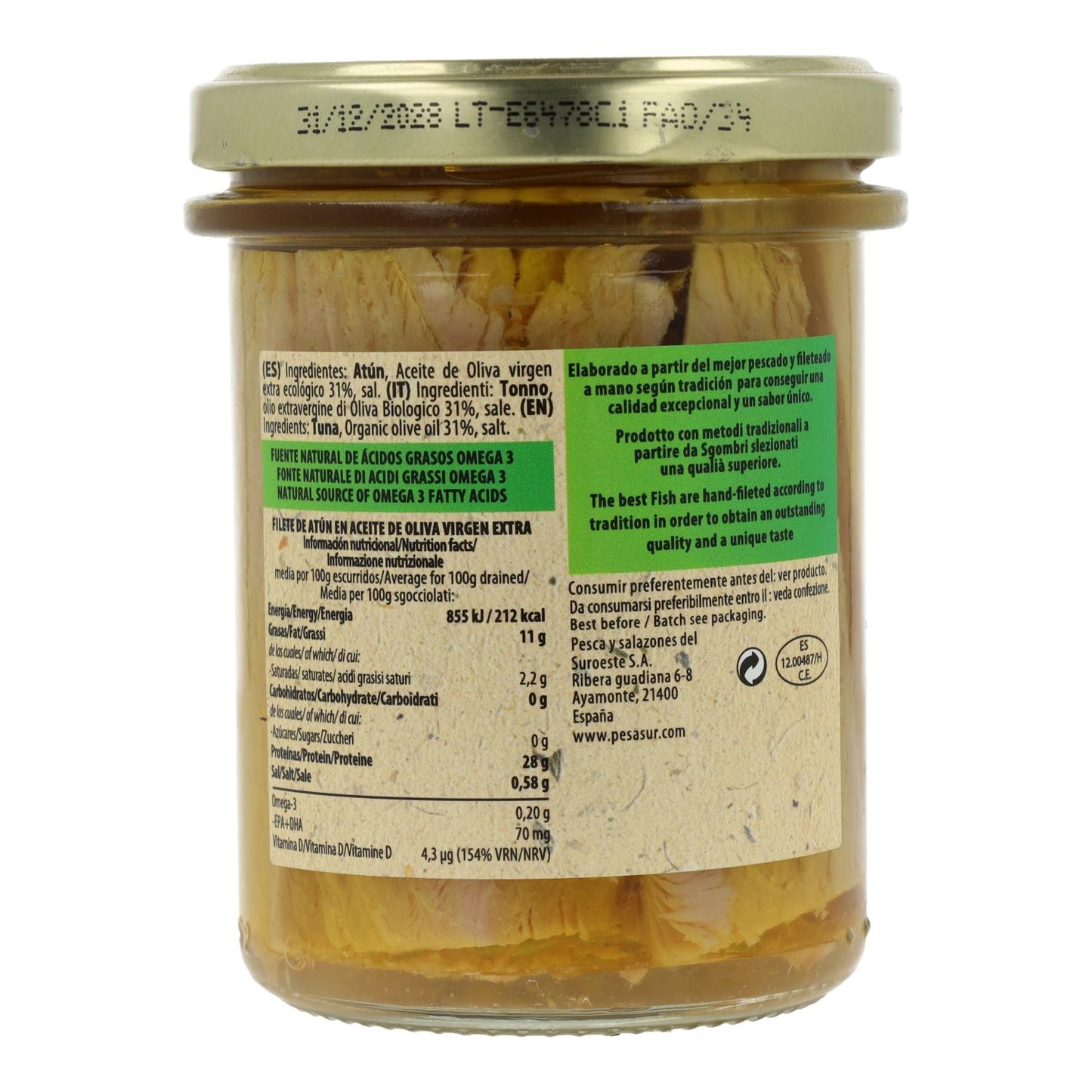 Bifes de atum em frasco de vidro Pesasur, 195 g