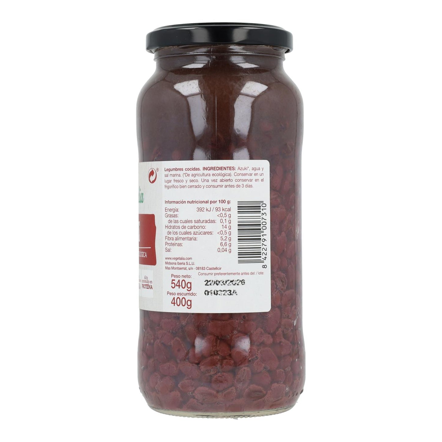 Azukis Cozidos Biológicos Vegetalia 540g