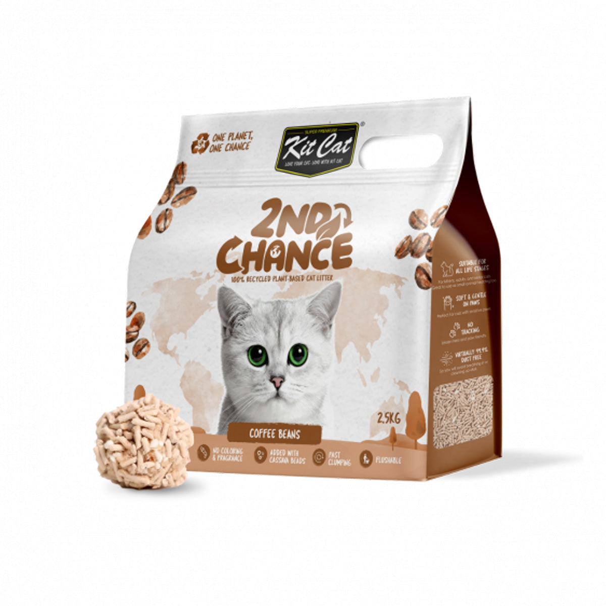 Kit de areia para gatos Eco 2nd Chance - Grãos de café (natural) 2,5 kg de sementes de café, ervilha e mandioca