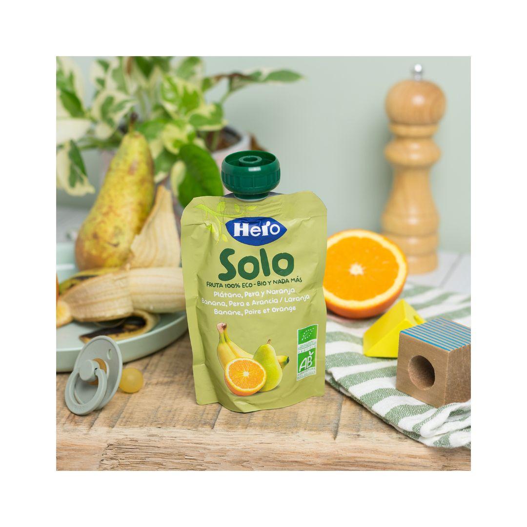 Saco de Fruta 100% Biológico Sabor Banana, Pêra e Laranja 4x100 g - Hero Solo