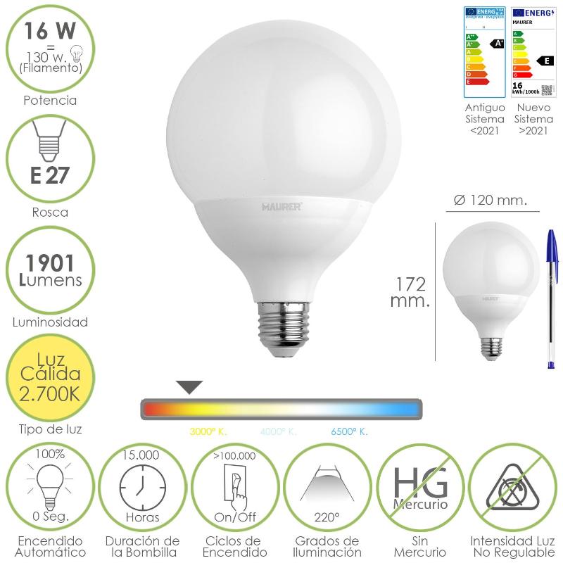 Bombilla Led Globo Rosca E27. 16 Watt. Equivale A 130 Watt. 1901 Lumenes. Luz Cálida (2700º K.)_0
