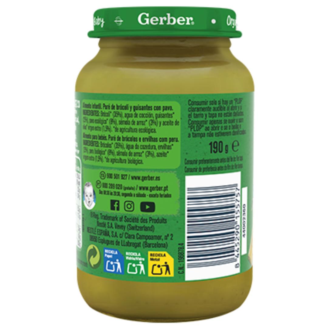Puré de bebé biológico Gerber com brócolos, ervilhas e peru 190g