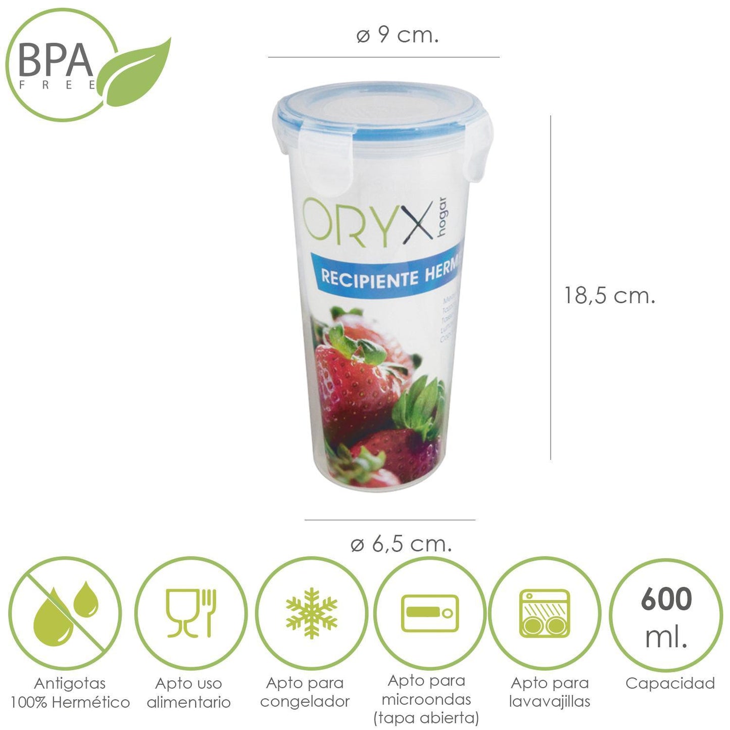 Vaso Recipiente Hermetico Medidor Plastico Redondo 600 Ml. Ø 9x18.5 (alt.) Cm.