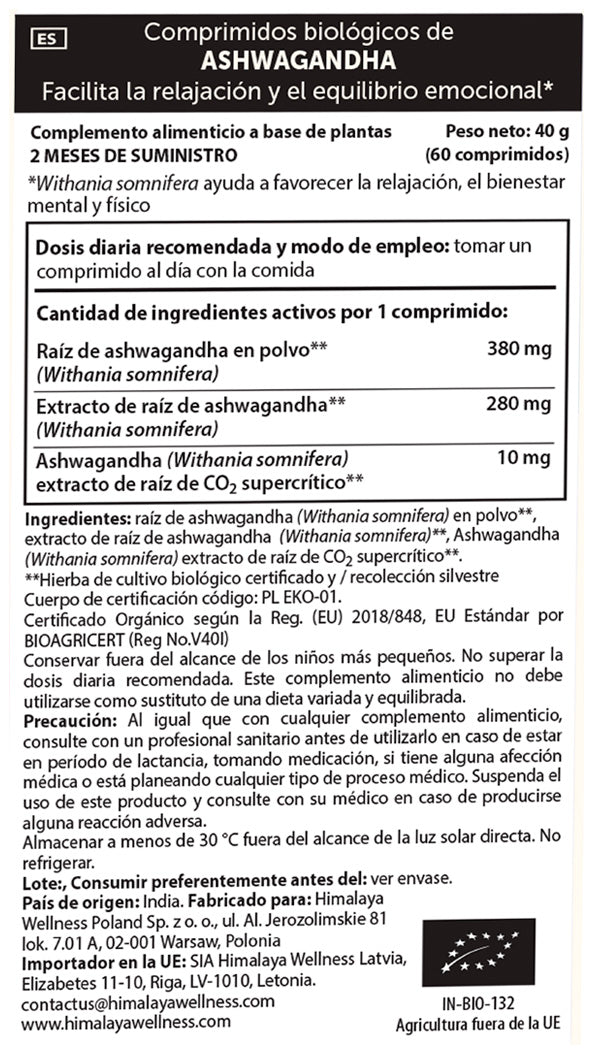 Ashwagandha Biológica, Himalaias, 60 cápsulas