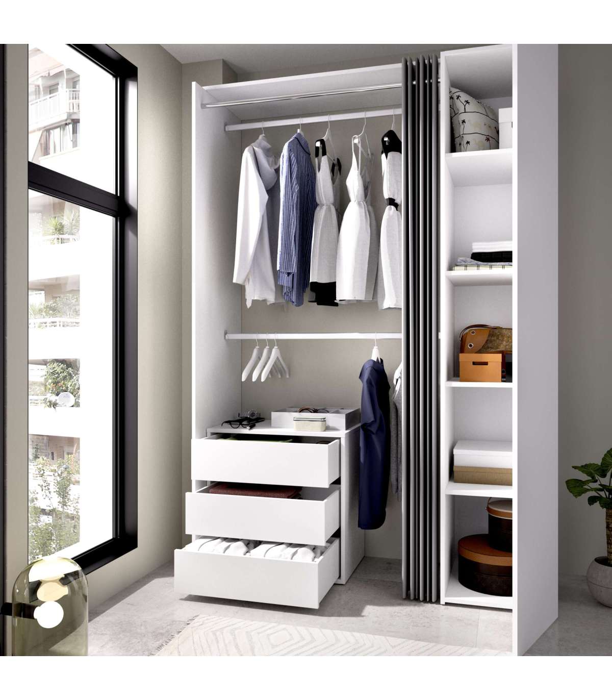 Vestidor Rus Con Columna Cerrada Cortina Cajonera Y Baldas En Blanco 205 Cm(alto)140,8 Cm(ancho)52 Cm(fondo)_5
