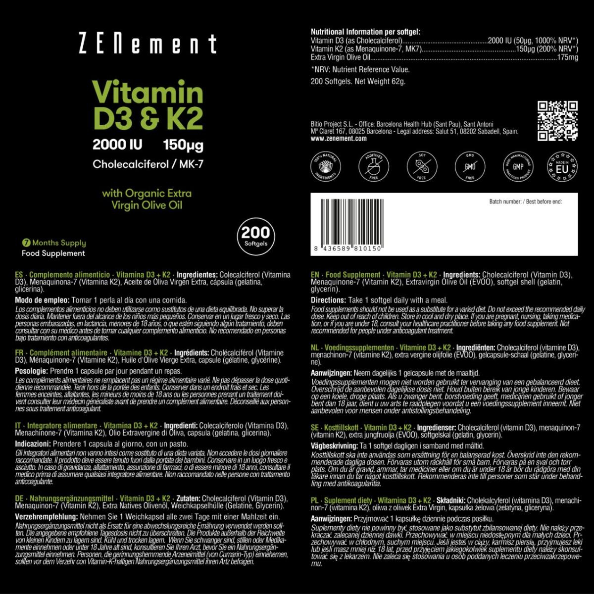 Vitamina D3 + K2, Colecalciferol (2000 UI) e MK-7 (150 μg) Zenement, 200 comprimidos