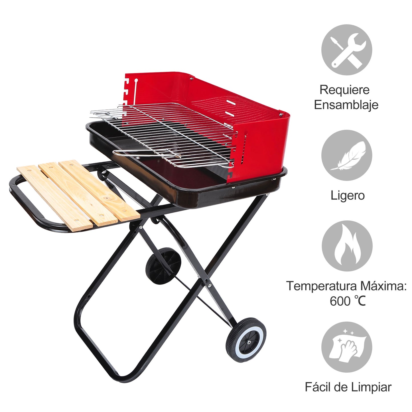 Outsunny Barbacoa De Carbón Plegable Portátil 2 Ruedas Ajustable 57x64x83cm_5