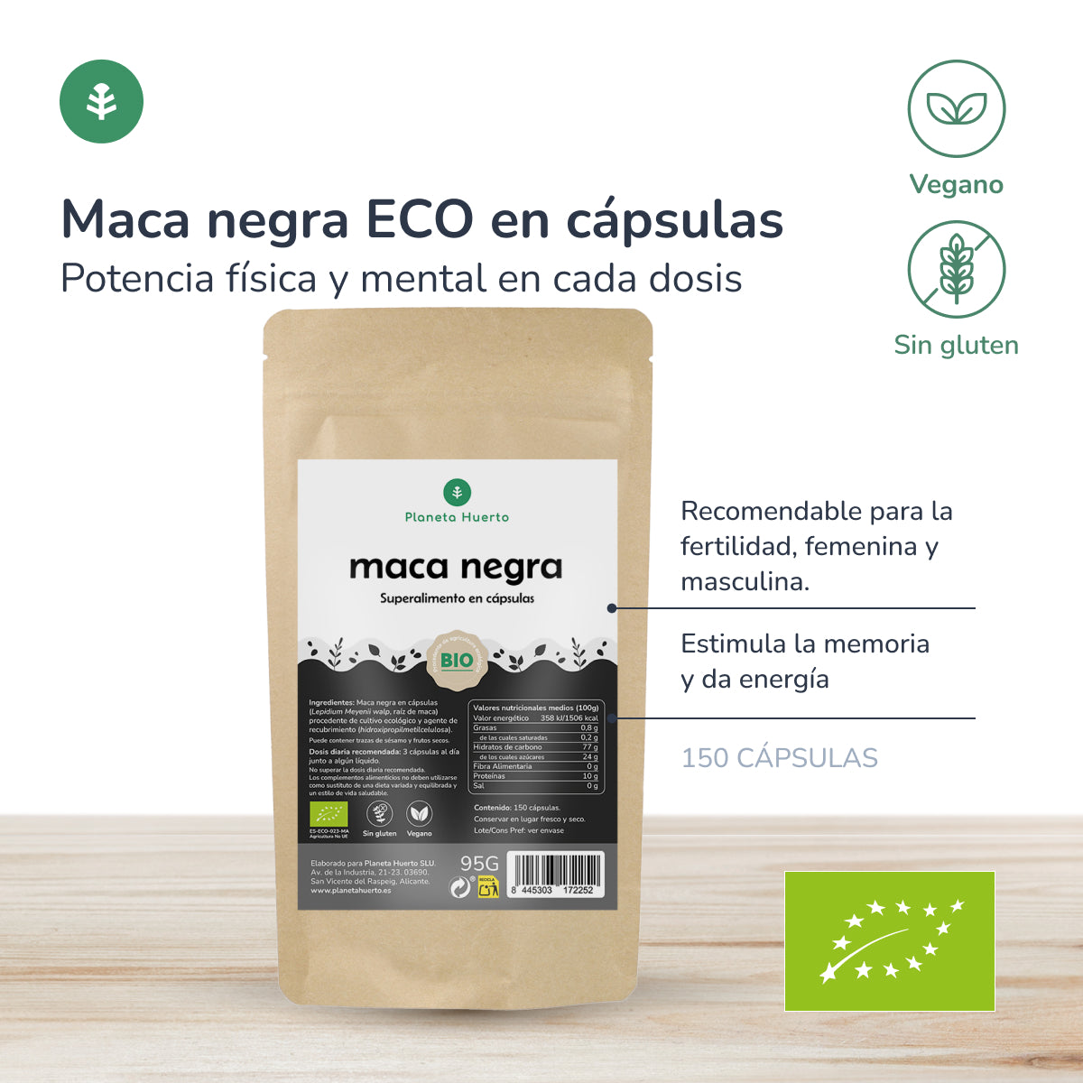 ORGANIC Black Maca Planeta Huerto 150 cápsulas