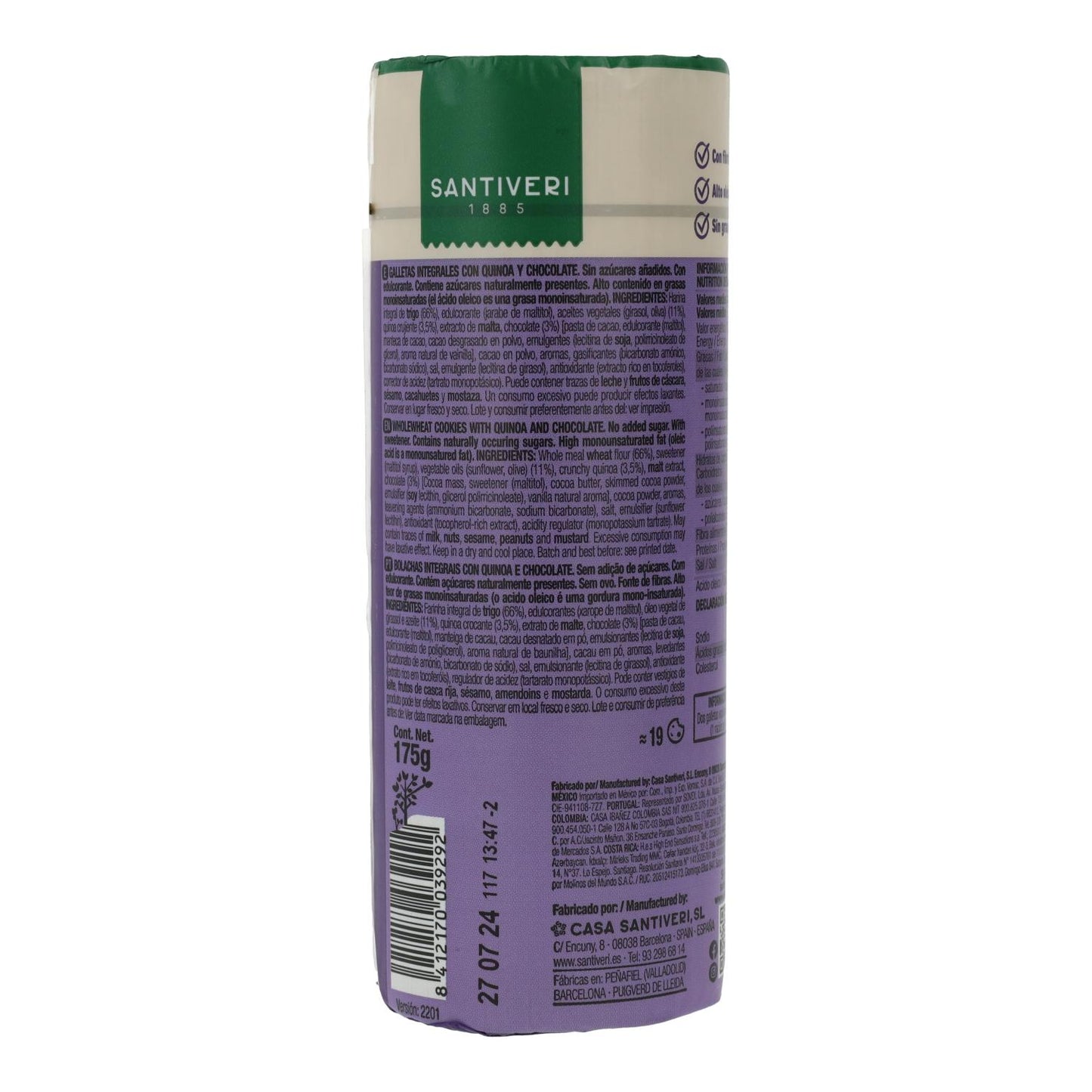 Bolachas integrais de quinoa/chocolate Santiveri 0% açúcares 175 g