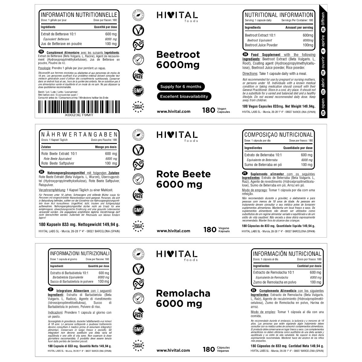 Beterraba 6000 mg Hivital 180 cápsulas vegan