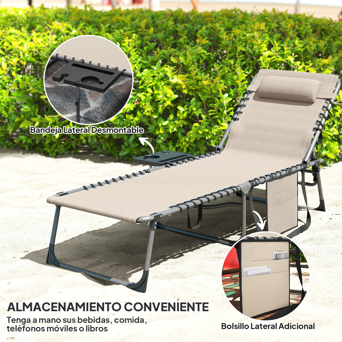 Tumbona Plegable Outsunny Acero, Tela Oxford Crema 190x60x31 Cm_5