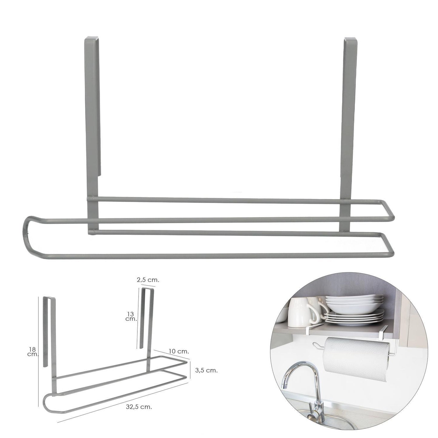 Colgador Portarrollos Papel Cocina, Acero Para Puertas, Encimeras, Muebles. 32,5x18x10 Cm.