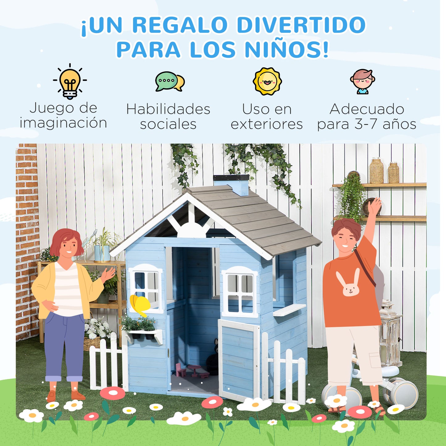 Outsunny Casita Infantil De Madera Con Puerta Ventanas Macetas 151x112,5x142 Cm_5