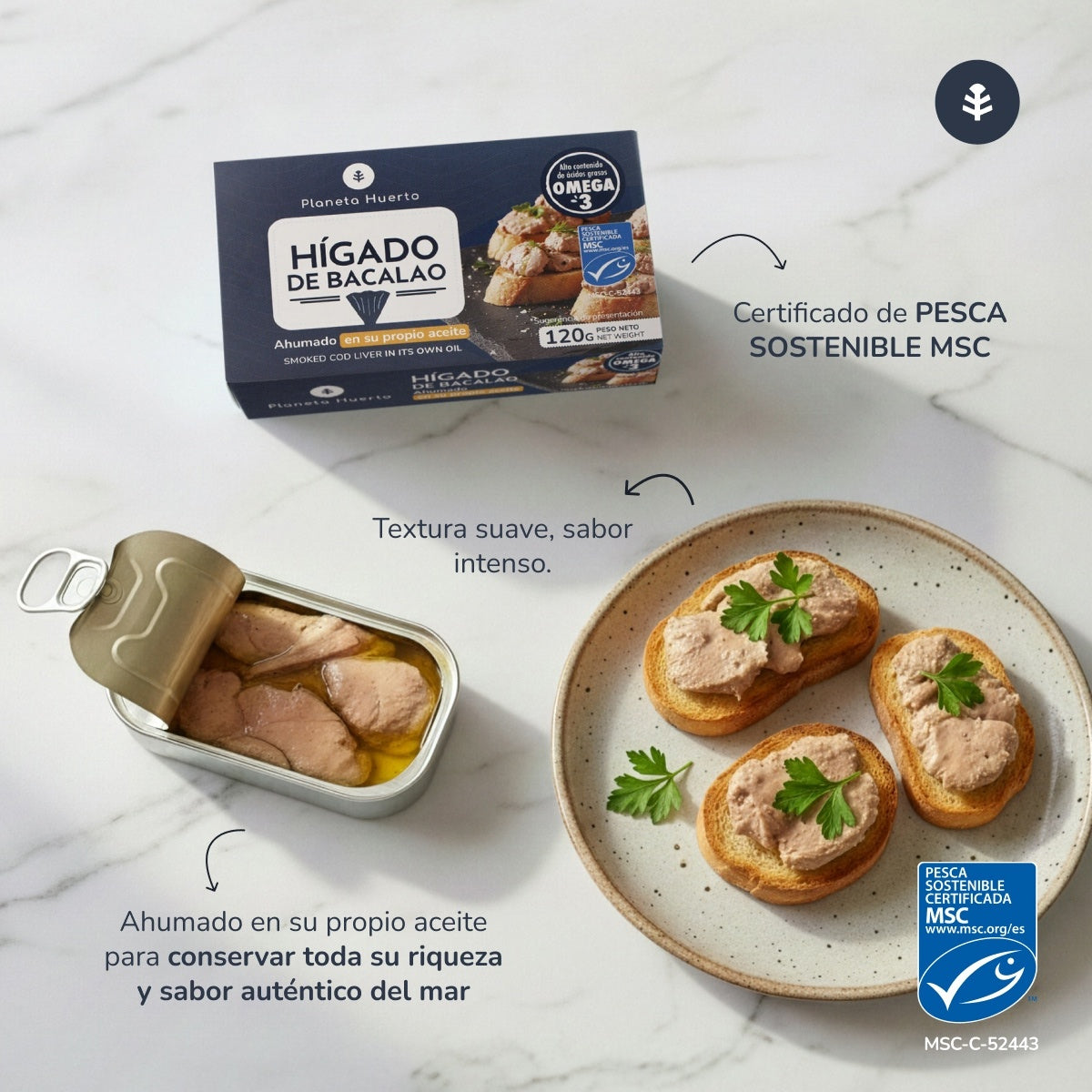 Pack 12x Hígado de bacalao en su propio aceite Planeta Huerto 120 g