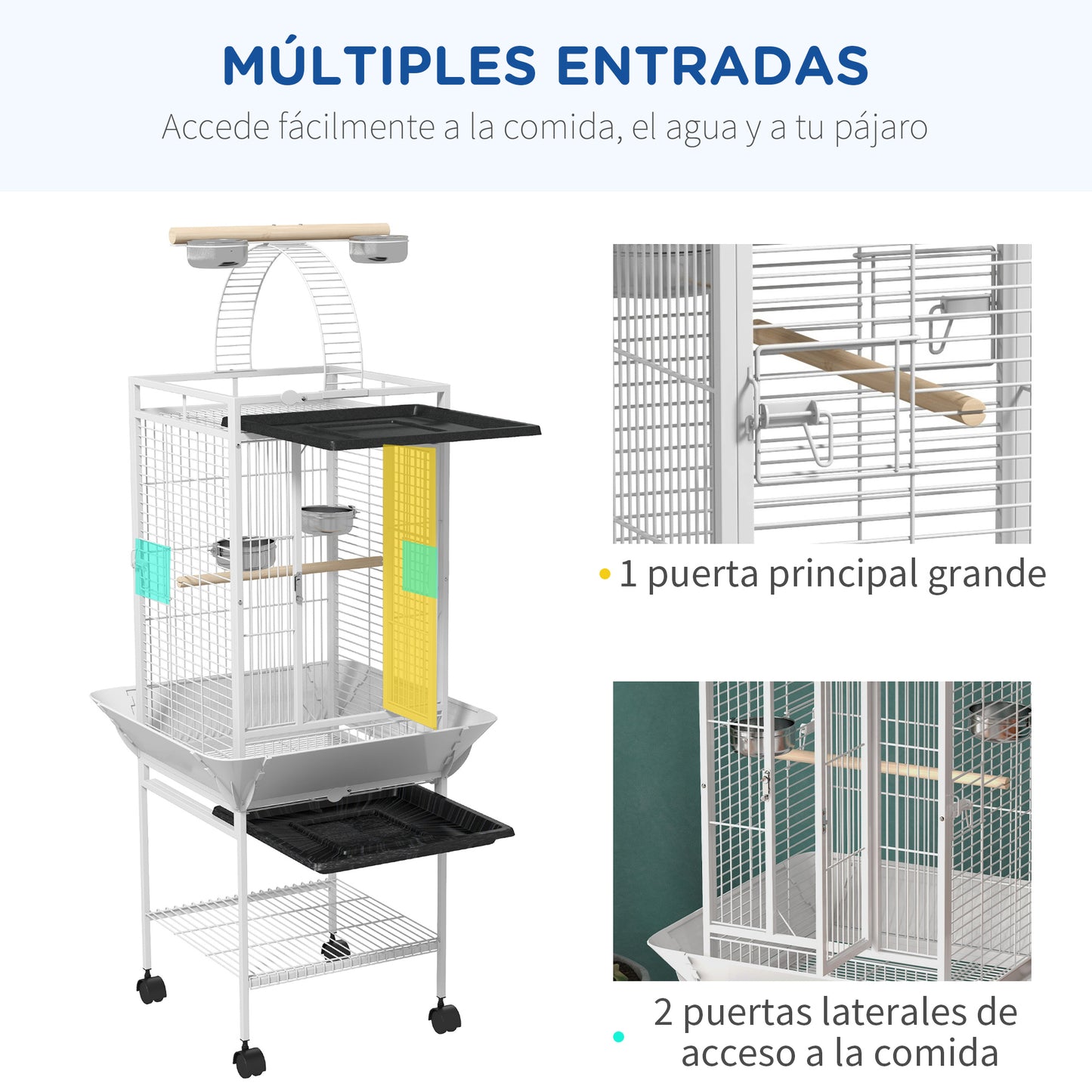 Pawhut Jaula Para Loros Con Ruedas Perchas Comederos 62,5x62,5x156 Cm Blanco_5