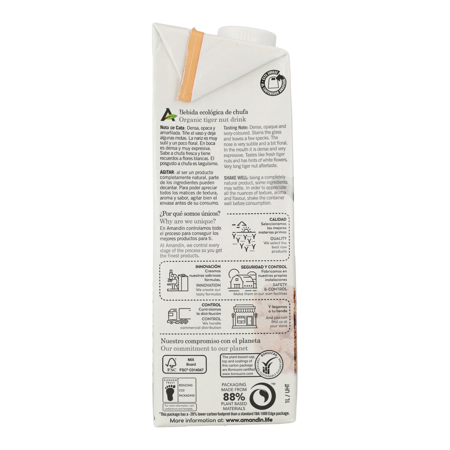 Horchata de chufa 0% açúcar, adoçada com agave Amandín 1L